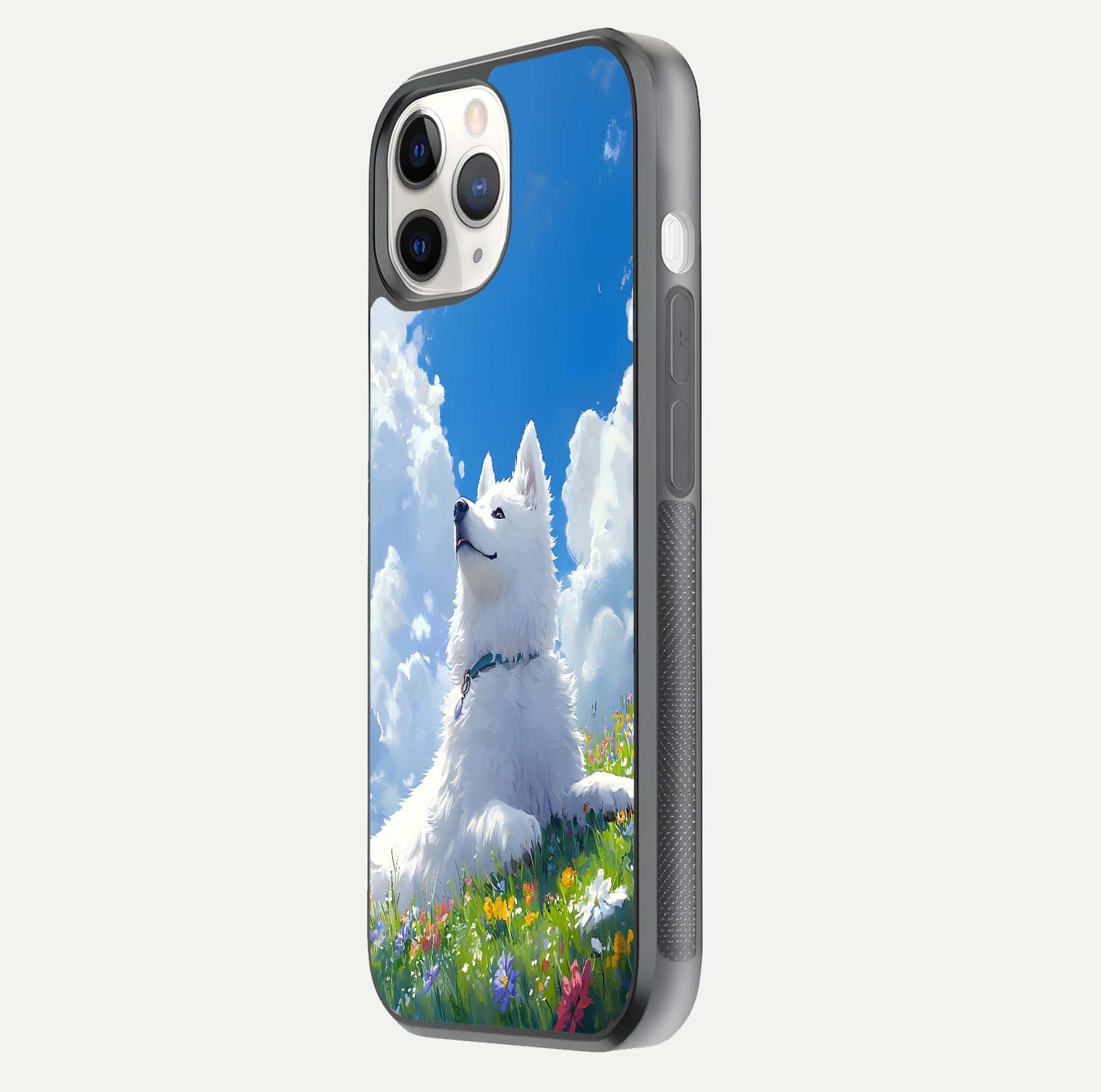 Blissful Cloud Pup Glass Case for iPhone 16 Pro side-angle shot displaying puppy print and glossy texture