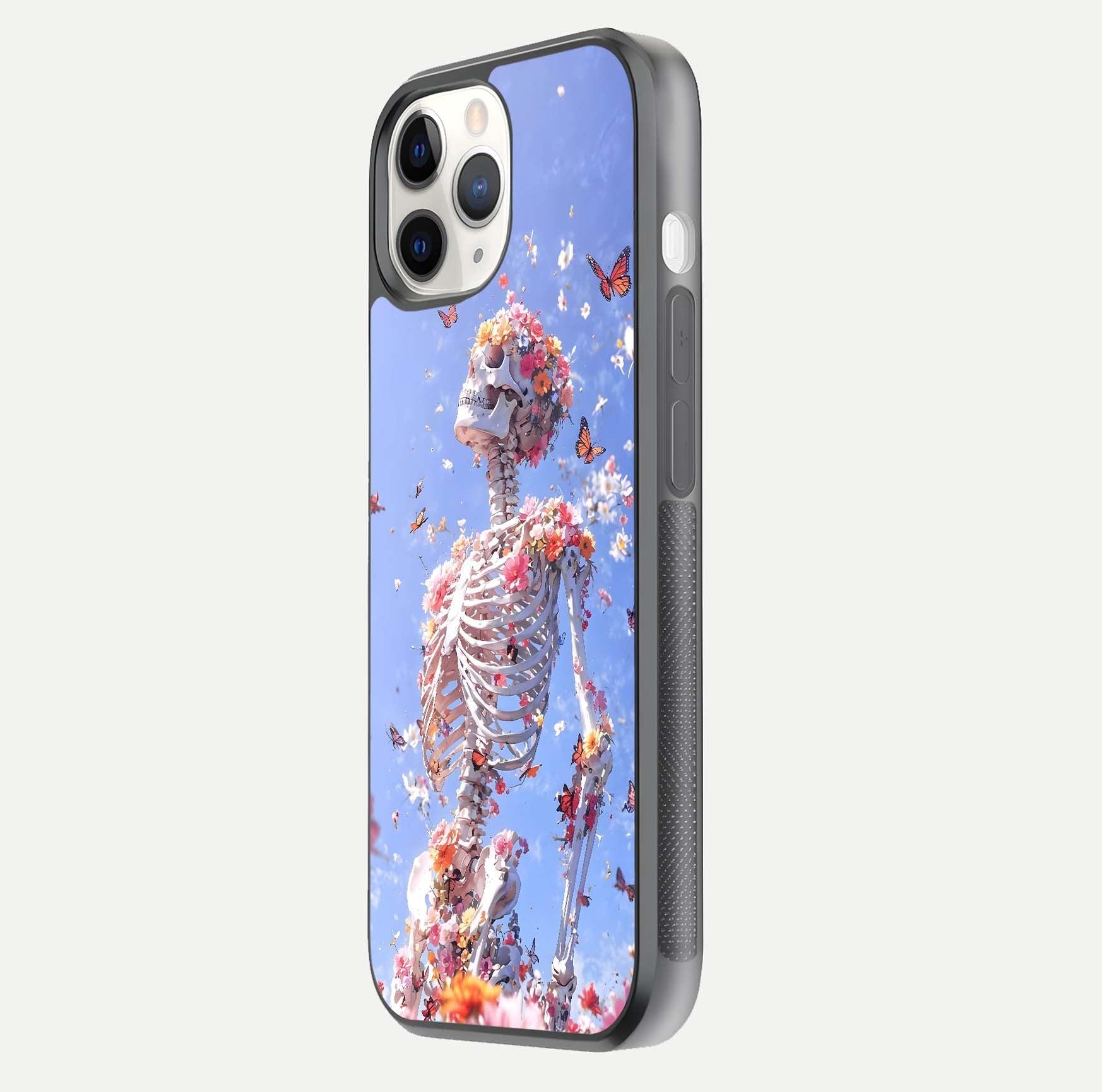 Bloom Beyond Bones Glass Case for iPhone 11 Pro side-angle image highlighting print precision and gloss finish