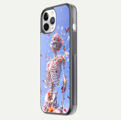 Bloom Beyond Bones Glass Case for iPhone 11 Pro side-angle image highlighting print precision and gloss finish