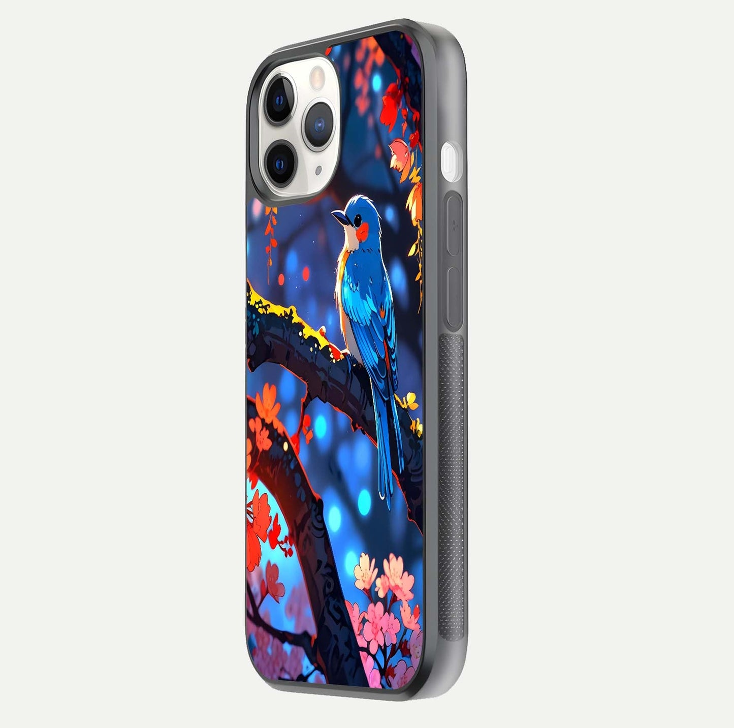 Blooming Spendor Bird Glass Case for iPhone 11 Pro side-angle photo showing floral wings and reflection finish