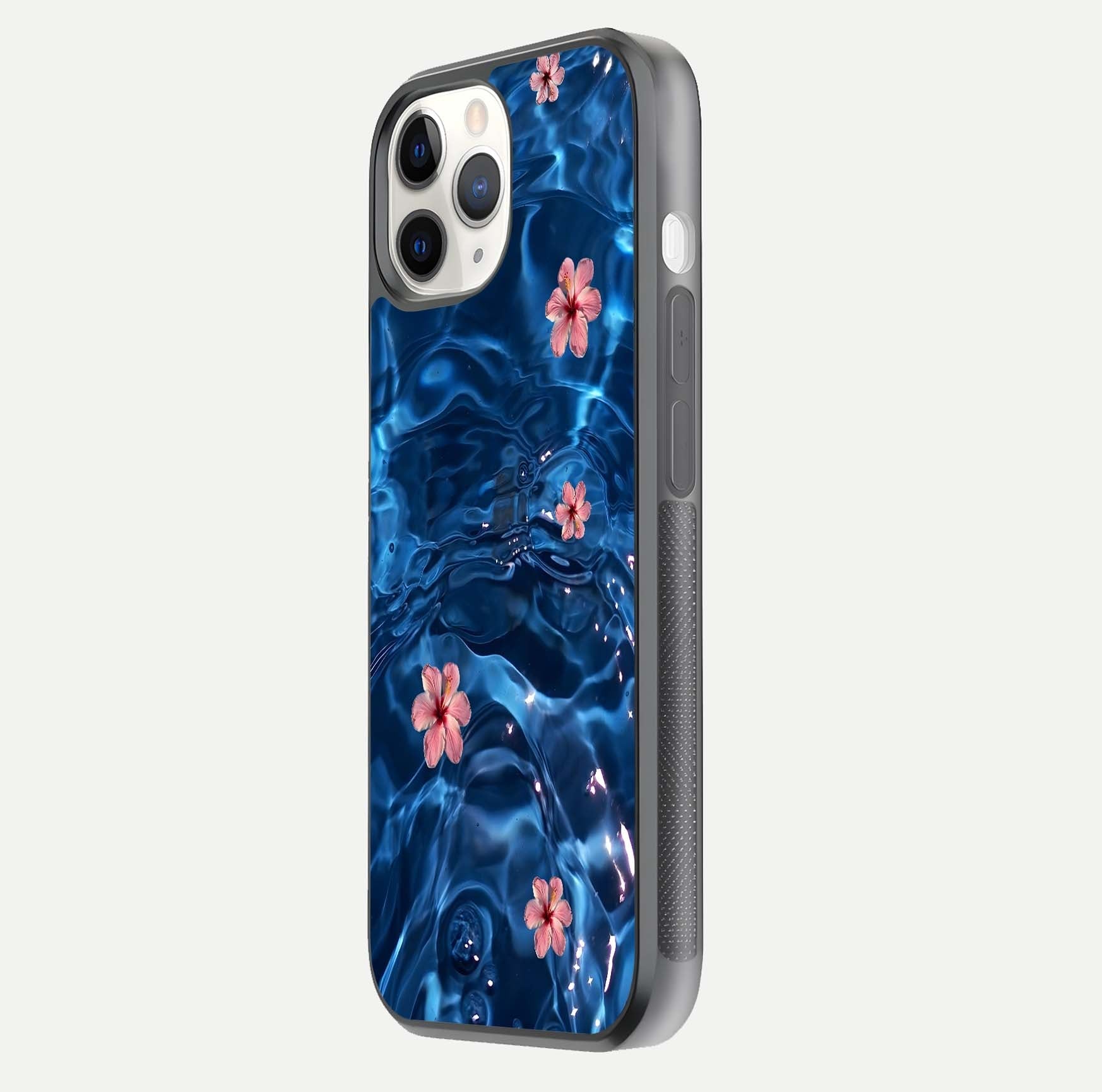 Blooming Water Drift Glass Case for iPhone 11 Pro side-angle image showcasing blossom flow, curved corners, and HD glass gloss
