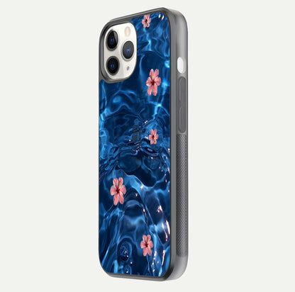 Blooming Water Drift Glass Case for iPhone 11 Pro side-angle image showcasing blossom flow, curved corners, and HD glass gloss