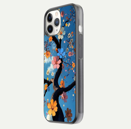 Blossom Dream Sky Glass Case for iPhone 11 Pro side-angle photo showing flower details, edge curve, and reflection shine