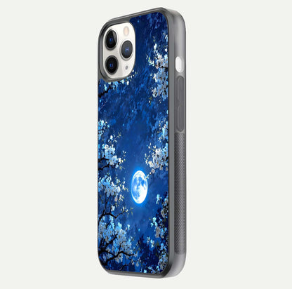Blossom Moonlight Sky Glass Case for iPhone 11 Pro side-angle view emphasizing moonlight tones and protective edge