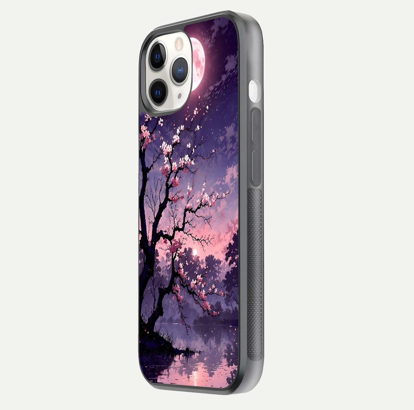 Blossom Pink Moon Glass Case for iPhone 11 Pro side-angle image showing glossy curve and floral-moon balance