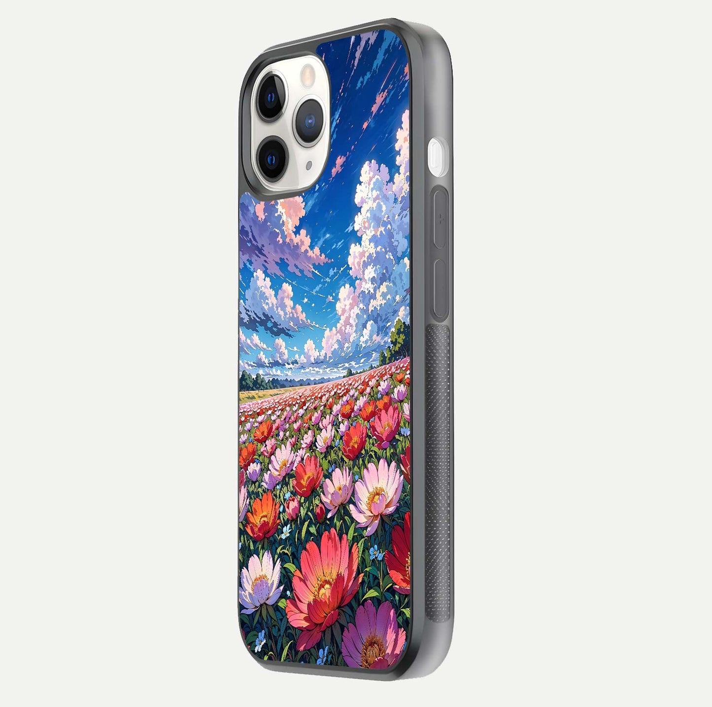 Blossom Sky Field Glass Case for iPhone 11 Pro side-angle showing sky hues, blossom texture, and reflective shine