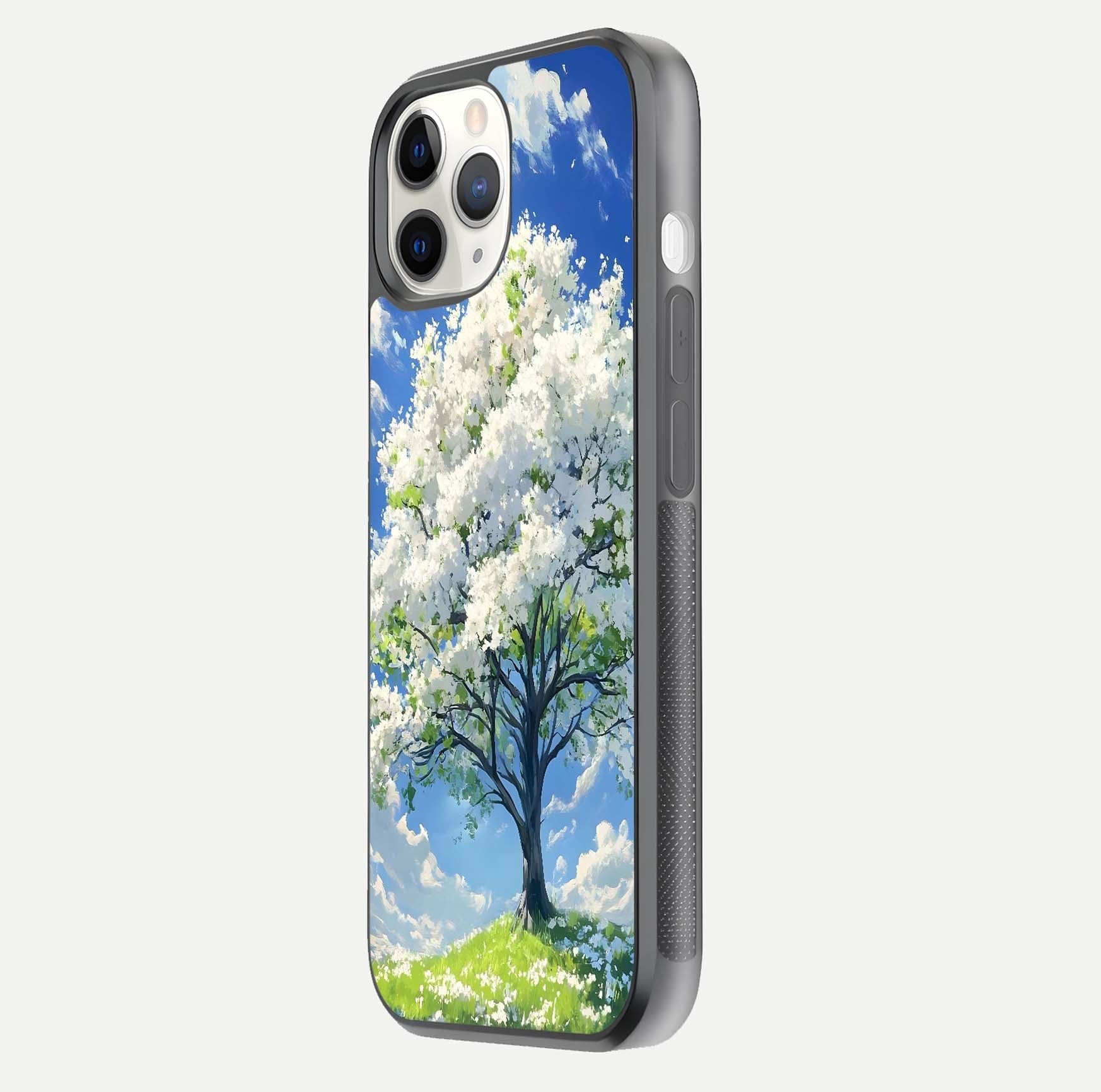 Blossom Sky Serenity Glass Case for iPhone 11 Pro side-angle image showing elegant edge flow and light reflection