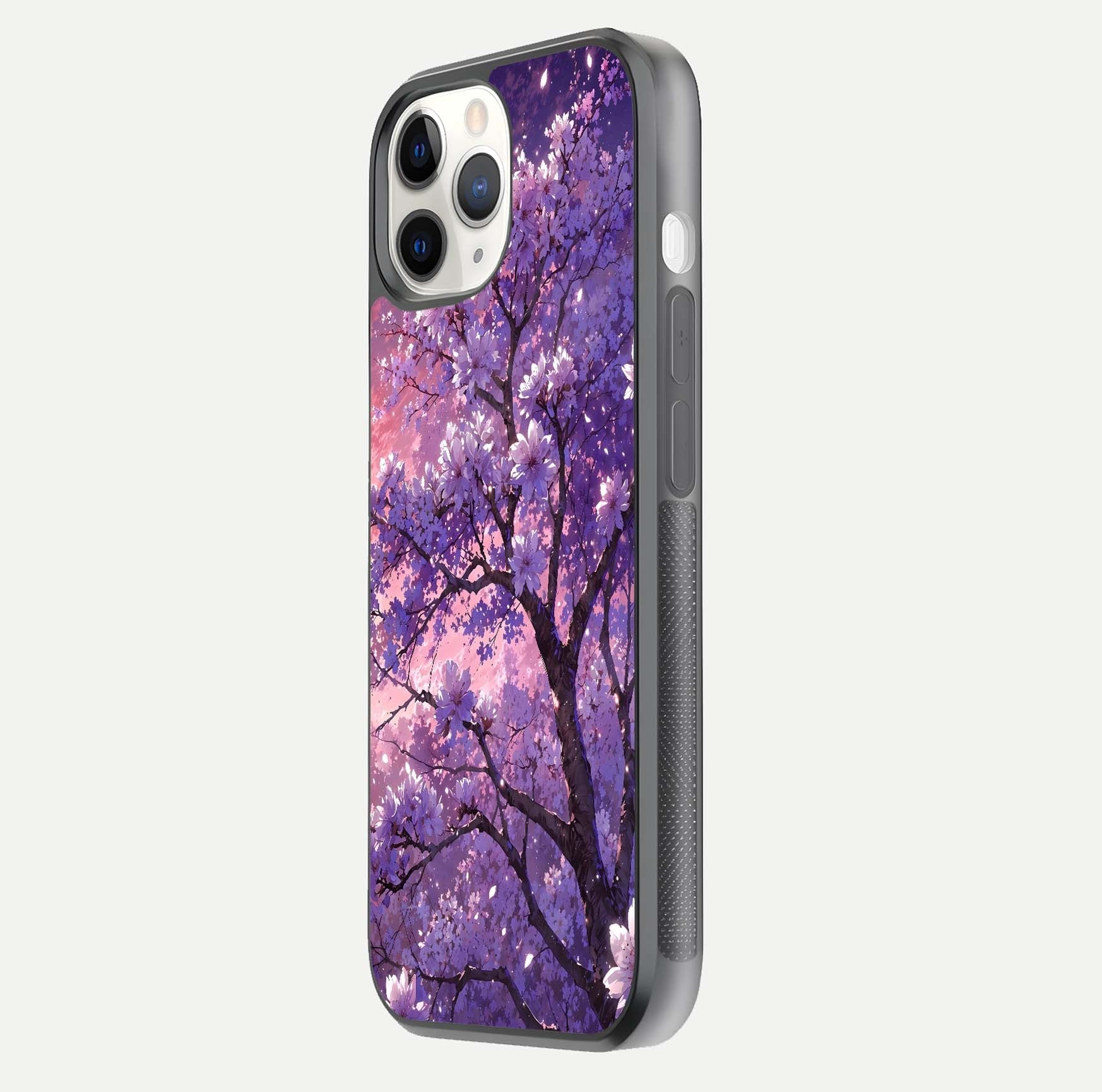Blossom Tree Glass Case for iPhone 11 Pro side-angle image showing floral tree artwork and reflection gloss