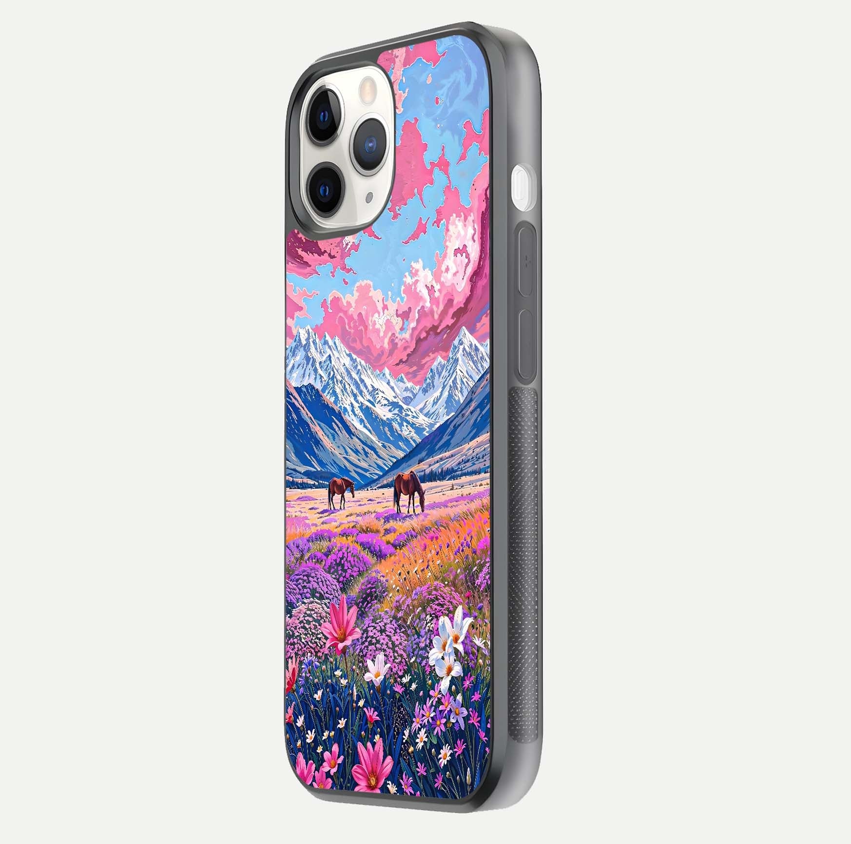 Blossom Valley Dream Glass Case for iPhone 11 Pro side-angle shot showcasing bloom tones and gloss texture