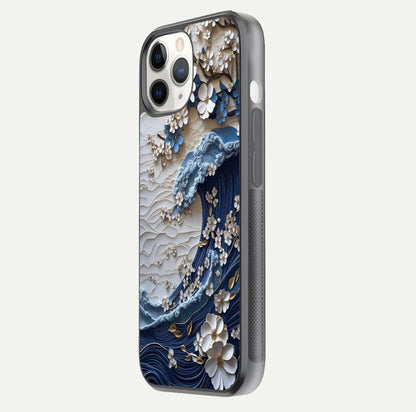 Blossom Wave Art Glass Case for iPhone 11 Pro side-angle view showing wave-flow print and gloss edge finish