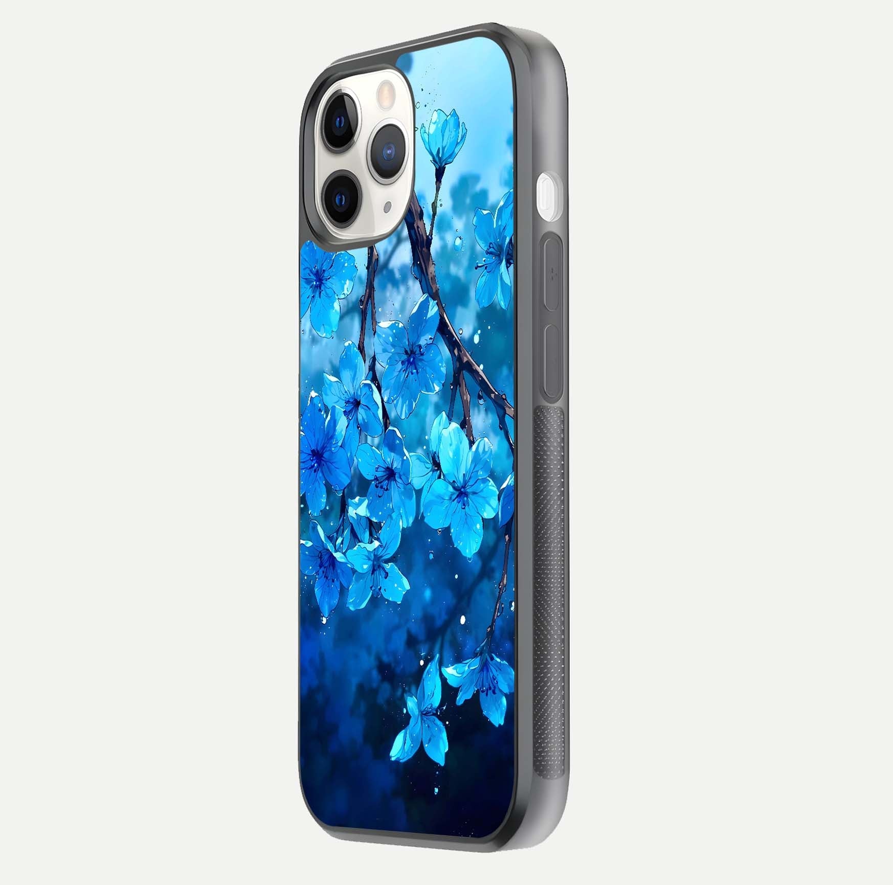 Blue Blossoms Branch Glass Case for iPhone 11 Pro side-angle image showing blossom pattern flow and glossy texture