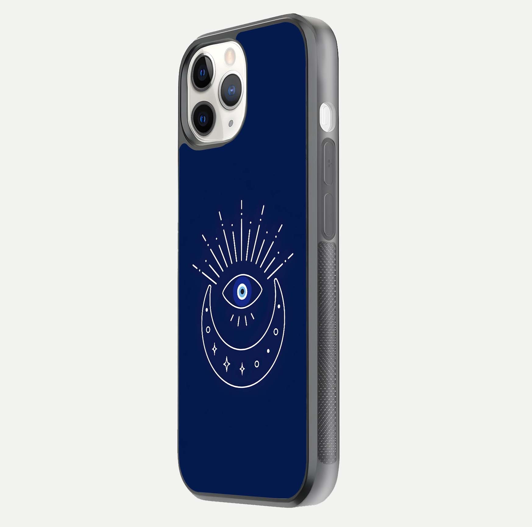 Blue Evil Eye Glass Case for iPhone 11 Pro side-angle view showing edge glow, color balance, and reflective surface