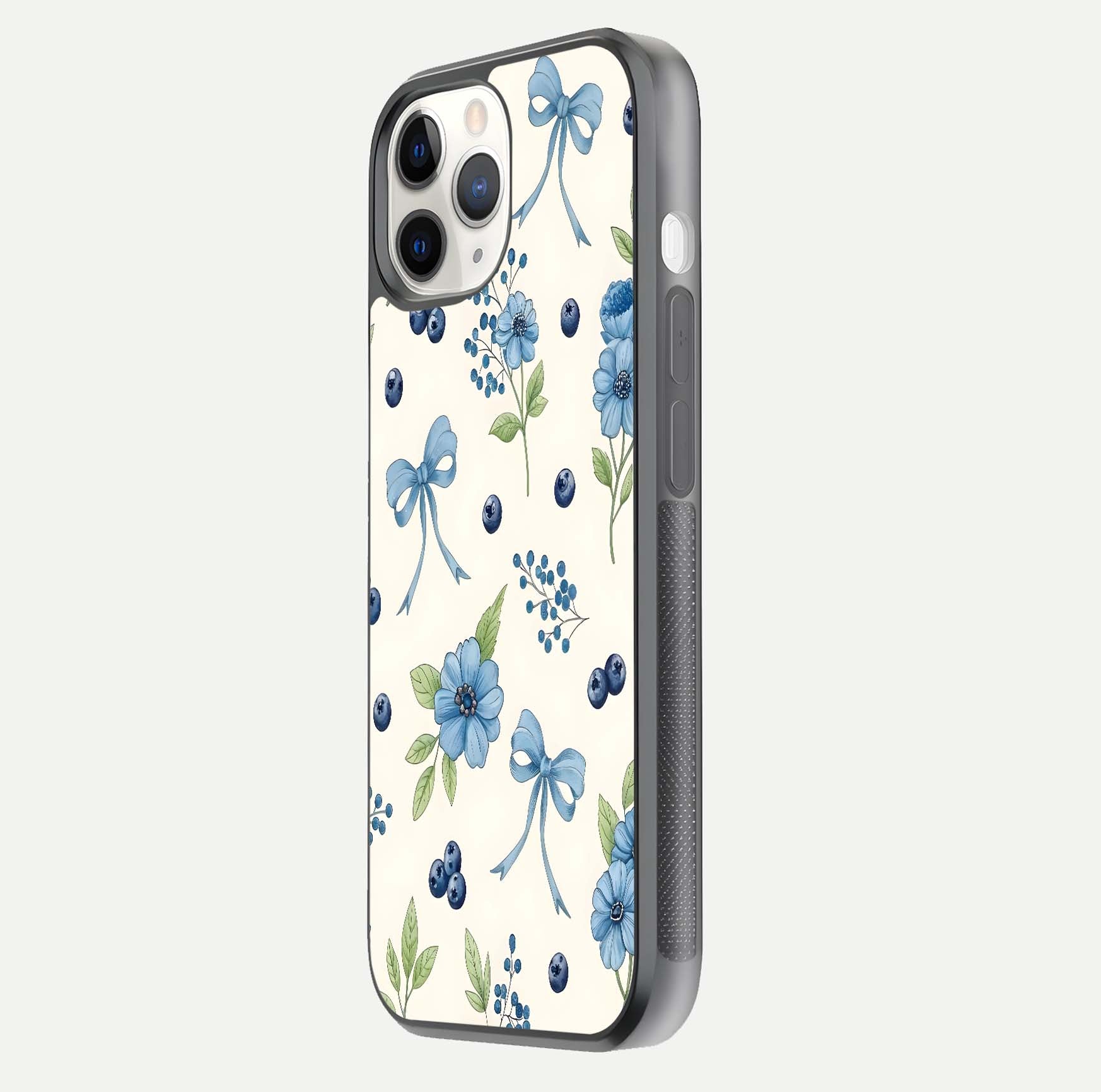 Blue Flower & Bow Glass Case for iPhone 11 Pro side-angle image showing bow-floral mix and HD finish shine