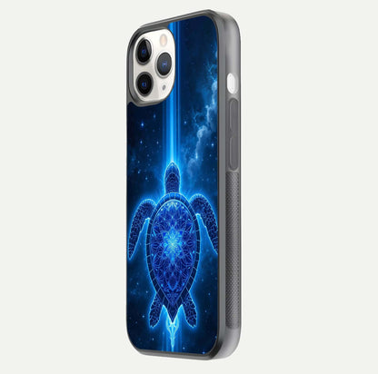 Blue Galaxy Turtle Glass Case for iPhone 11 Pro side-angle photo capturing galaxy shine and smooth edge design