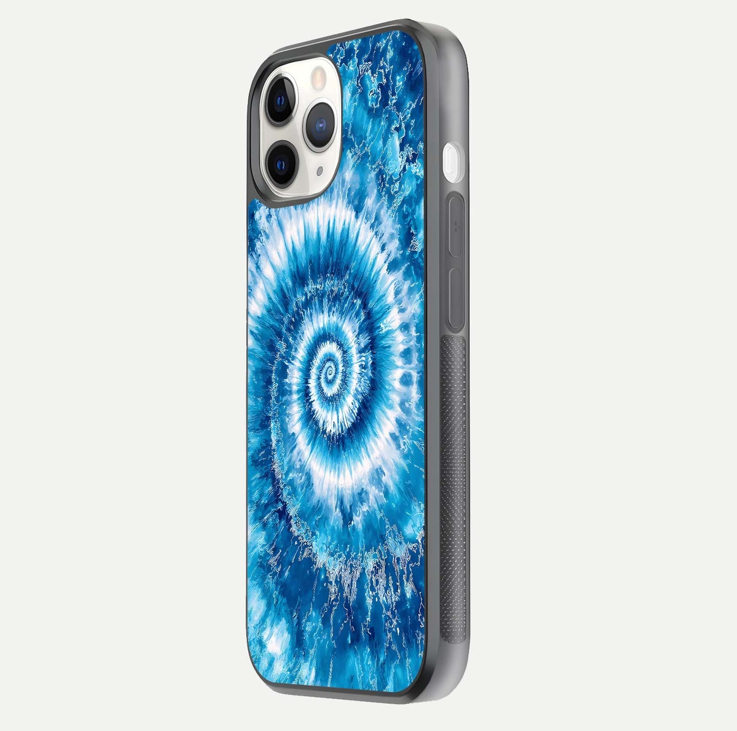 Blue Galaxy Wave Glass Case for iPhone 11 Pro side-angle image showing wave ripple art and glass gloss