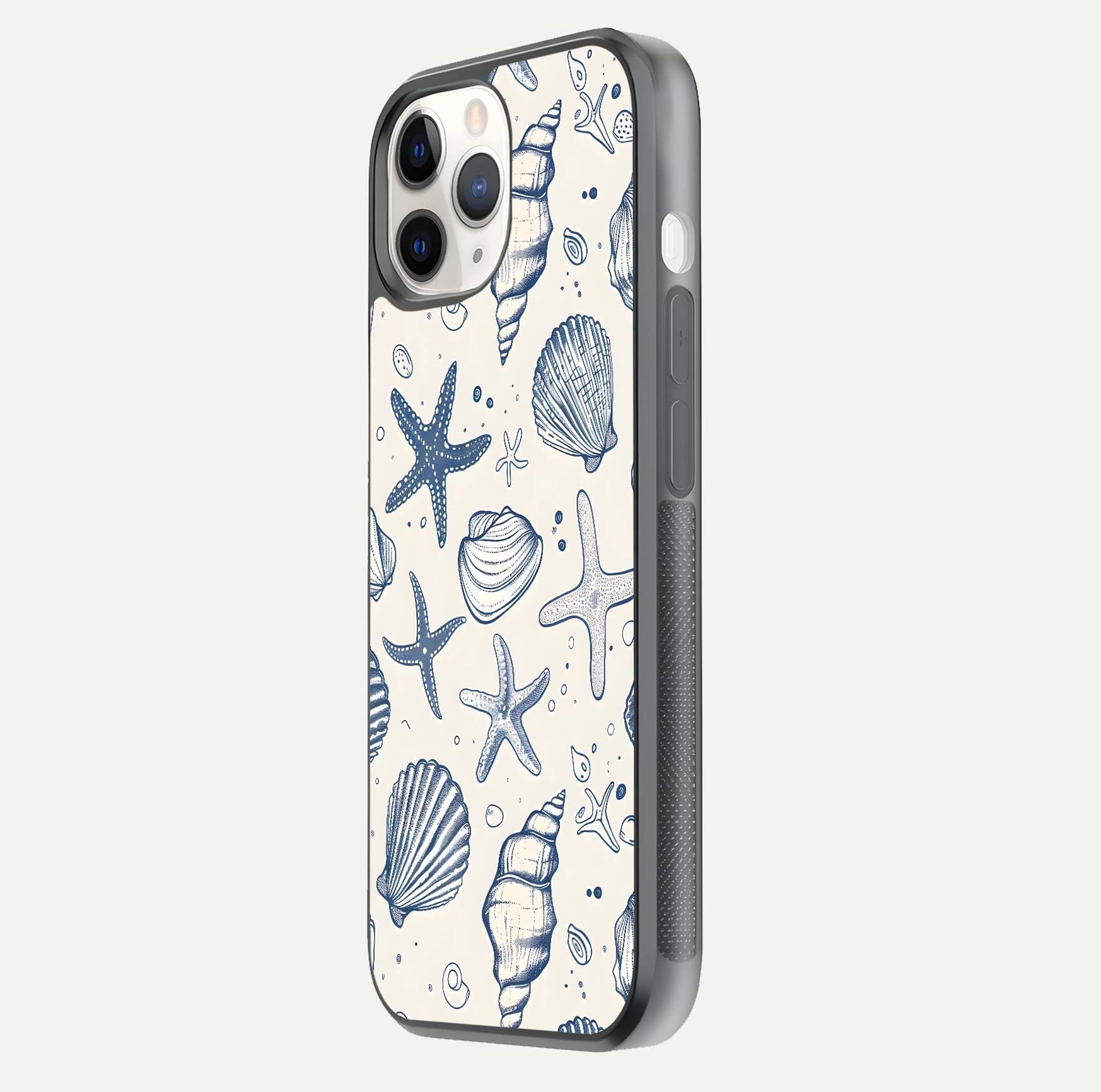 Blue Ocean Outline Glass Case for iPhone 11 Pro side-angle view showing clear edge lines and oceanic blue glow