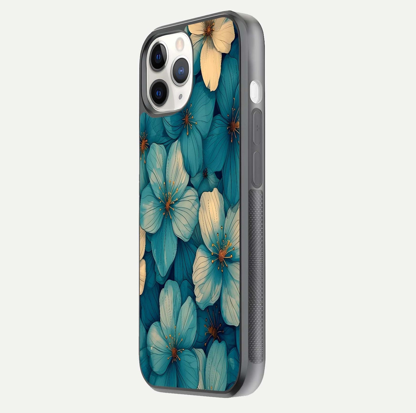 Blue Shade Floral Glass Case for iPhone 11 Pro side-angle photo showing detailed floral hues and curved glass shine