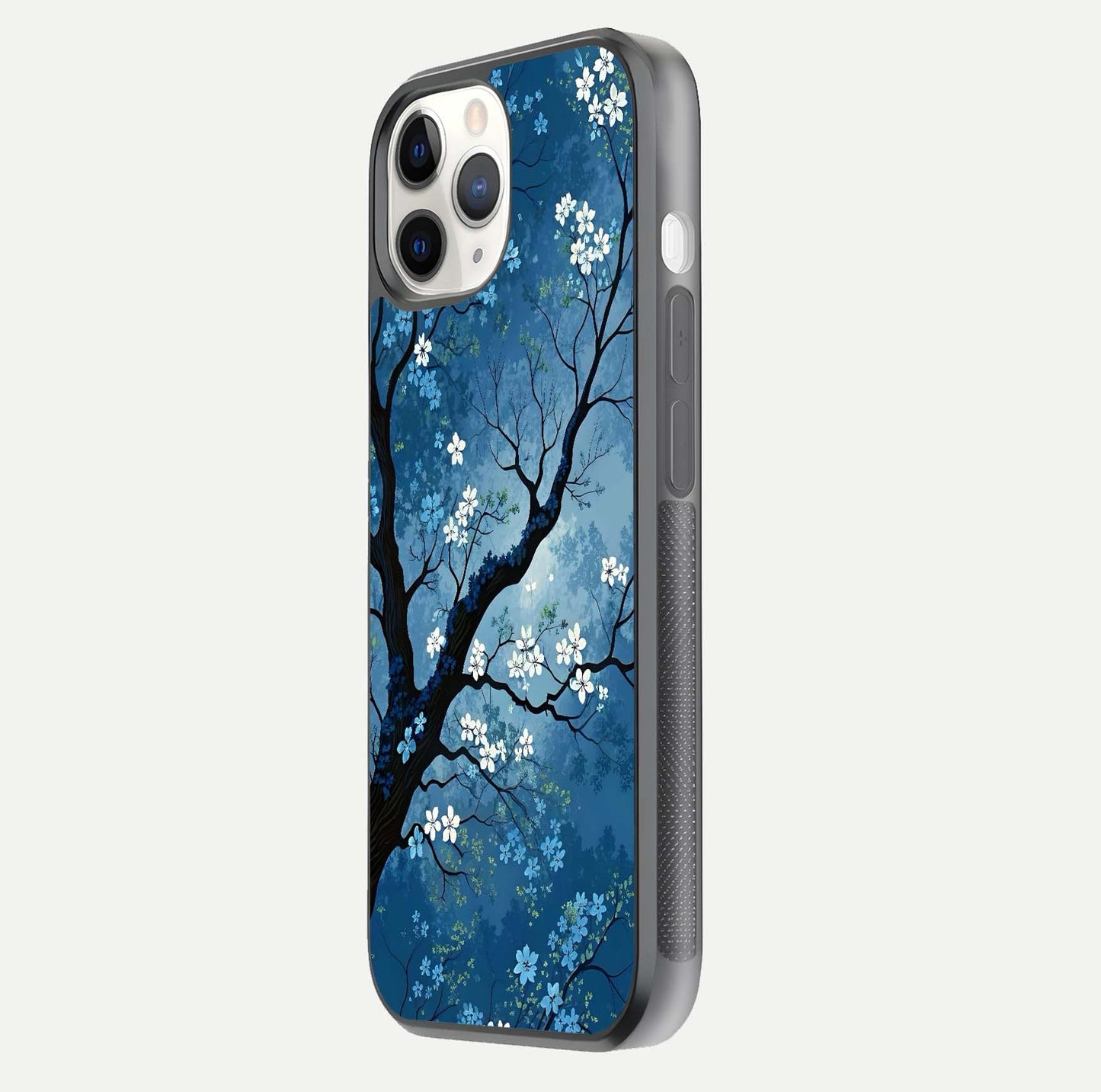 Blue Tree Serenity Glass Case for iPhone 11 Pro side-angle shot showing glossy edge and tree pattern reflection