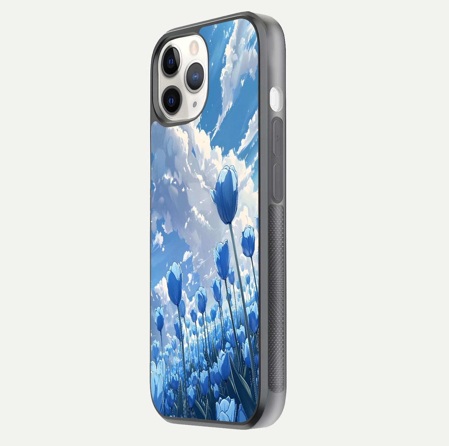 Blue Tulip Clouds Glass Case for iPhone 11 Pro side-angle image showing edge curve and flower reflection glow
