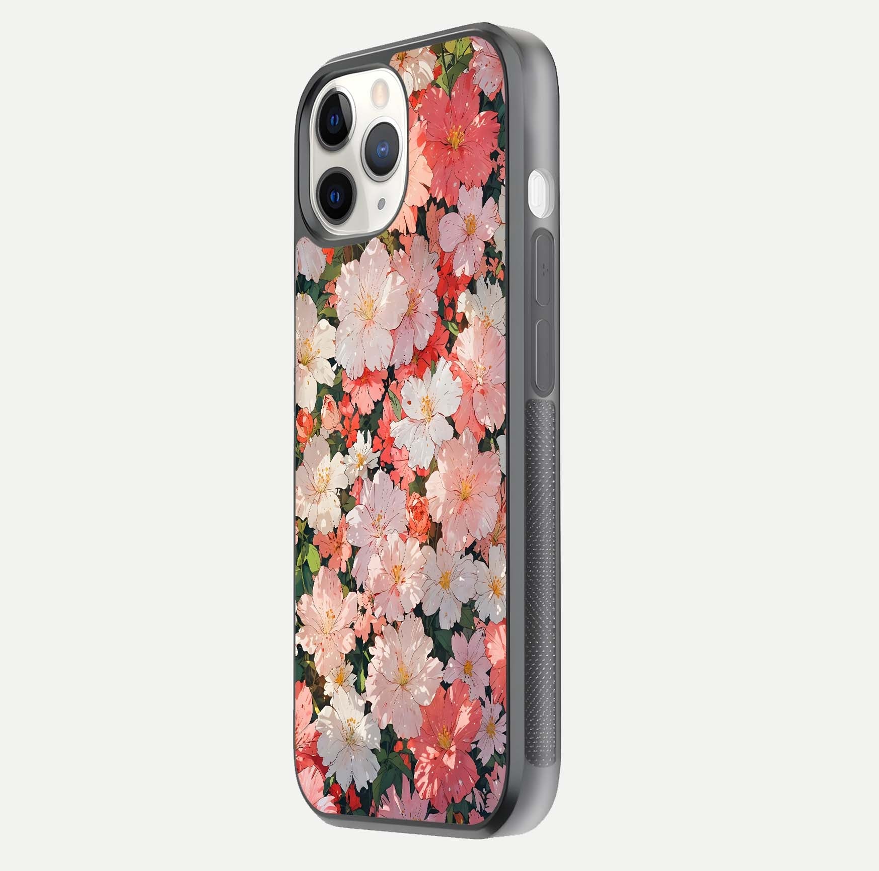 Blush Bloom Field Glass Case for iPhone 11 Pro side-angle image showing petal pattern gloss and smooth edges