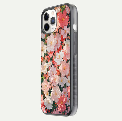 Blush Bloom Field Glass Case for iPhone 11 Pro side-angle image showing petal pattern gloss and smooth edges