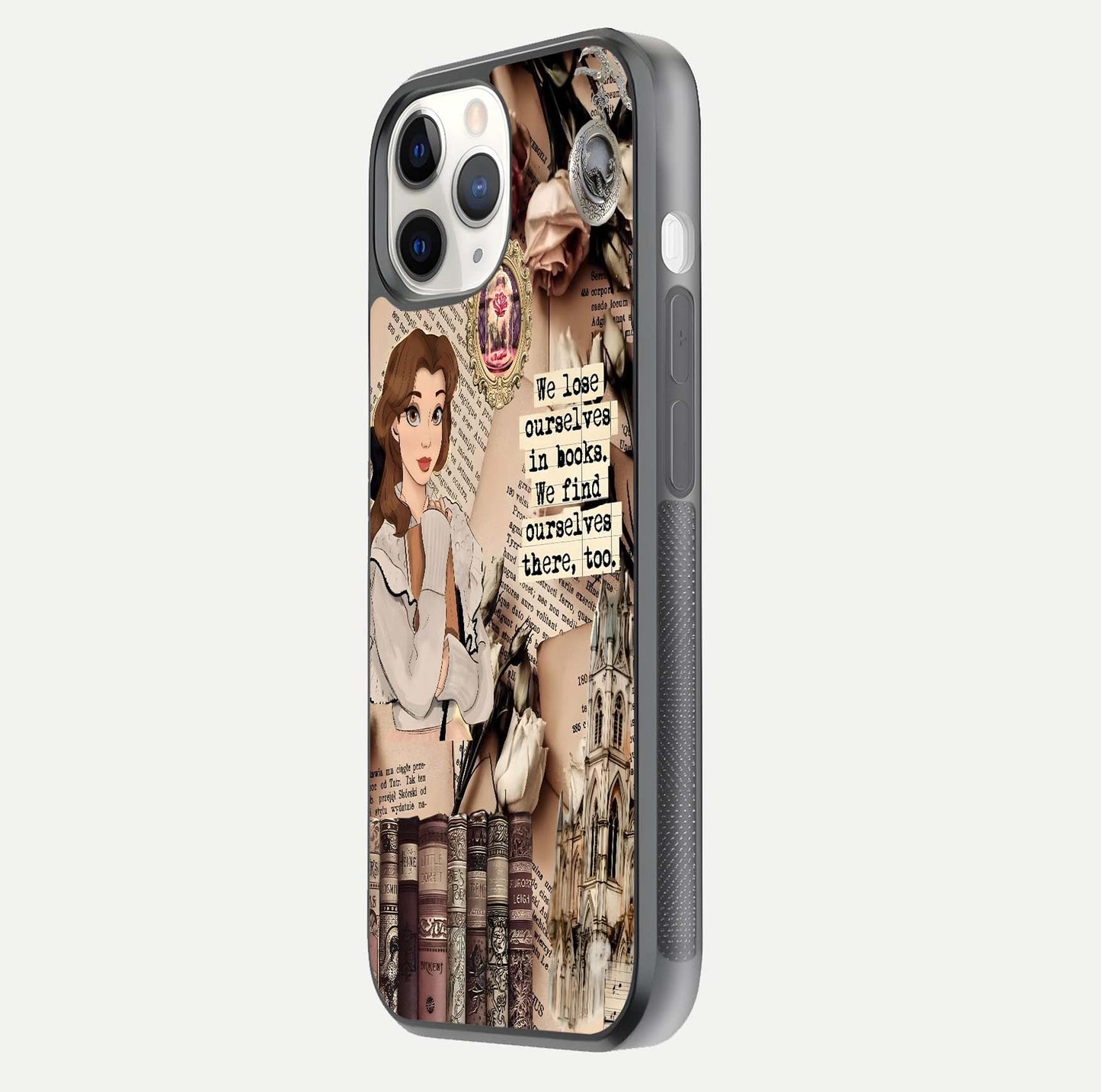 Bookish Dream World Glass Case for iPhone 11 Pro side-angle image showing detail depth and smooth corner polish