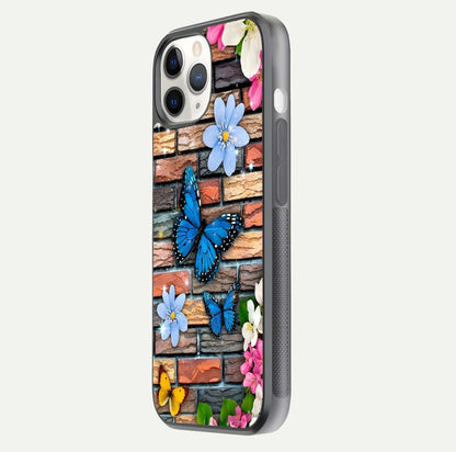 Brick Bloom Flight Glass Case for iPhone 11 Pro side-angle photo showing curve shine and detailed petal contrast
