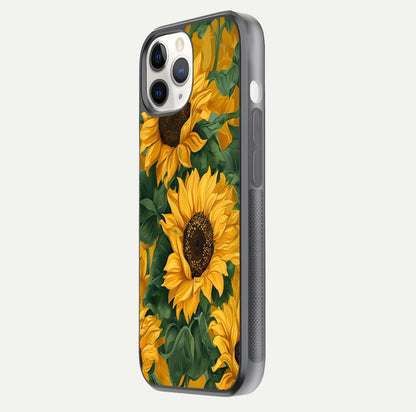 Bright Sunflower Bloom Glass Case for iPhone 11 Pro side-angle image showing shine texture and detailed bloom