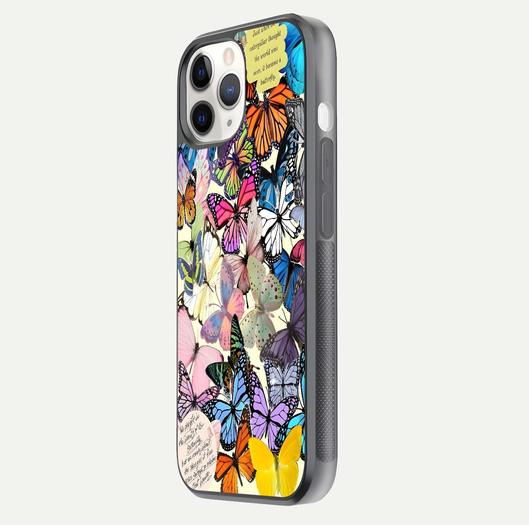 Butterflies Petal Dream Glass Case for iPhone 11 Pro side-angle shot showing butterfly motion and curved edges