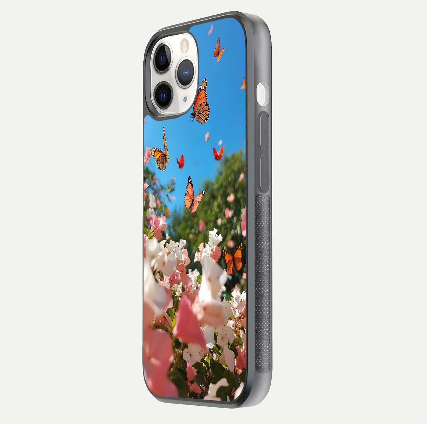 Butterflies in Bloom Sky Glass Case for iPhone 11 Pro side-angle image showing delicate details and gloss polish