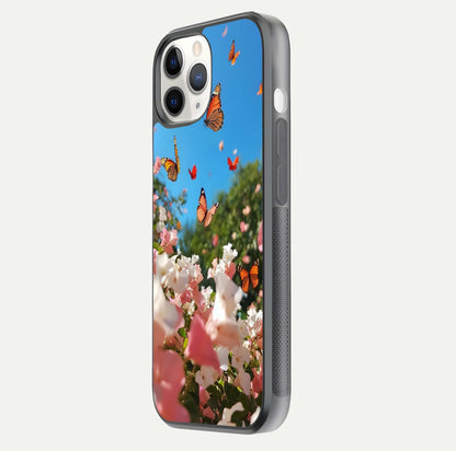 Butterflies in Bloom Sky Glass Case for iPhone 11 Pro side-angle image showing delicate details and gloss polish