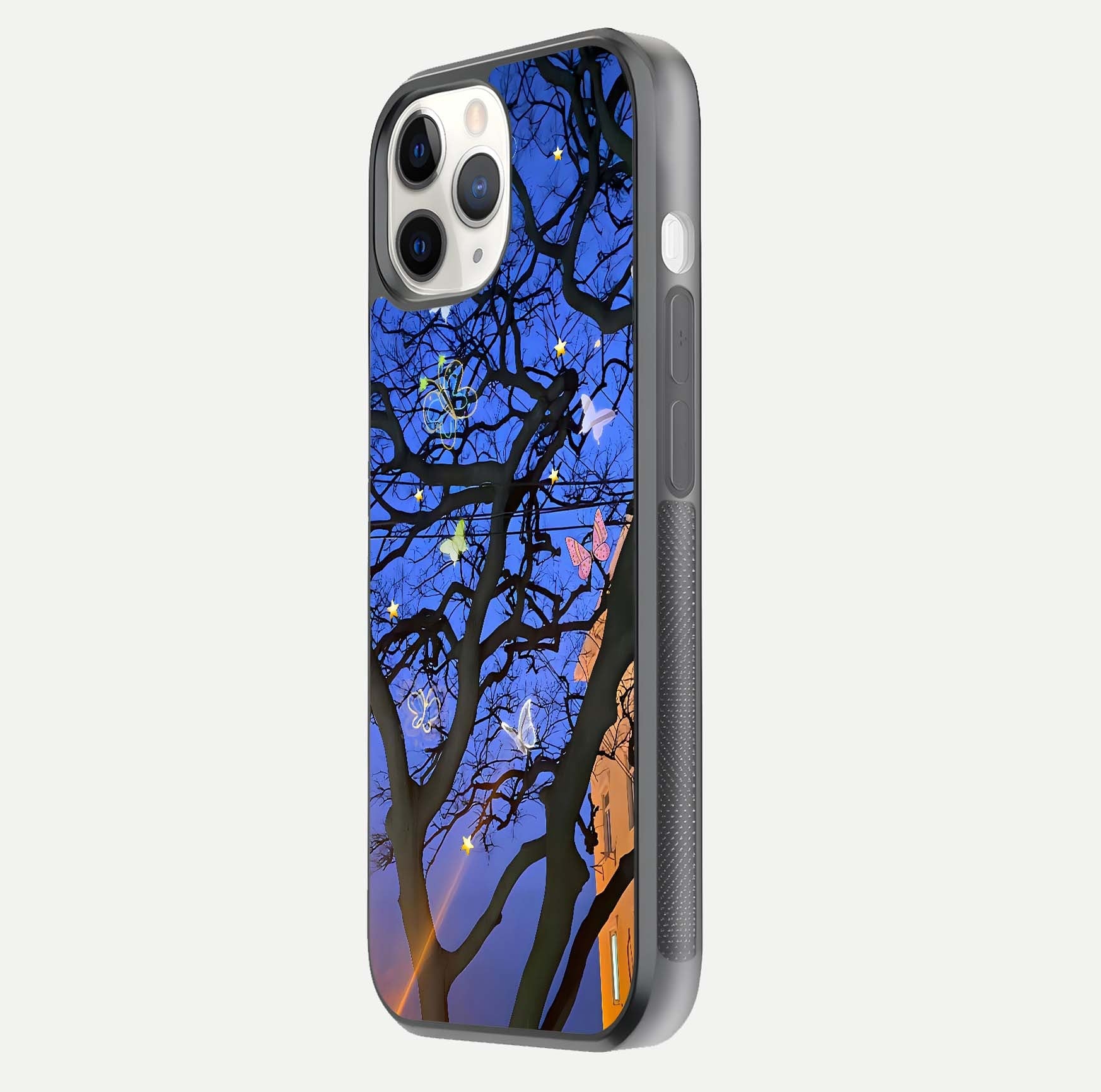Butterfly Night Magic Glass Case for iPhone 11 Pro side-angle view capturing butterfly contrast and glossy depth