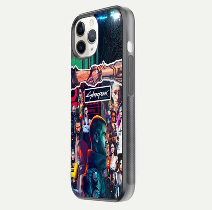 CYBERPUNK Legacy Glass Case for iPhone 11 Pro side-angle photo showing edge glow and reflective surface