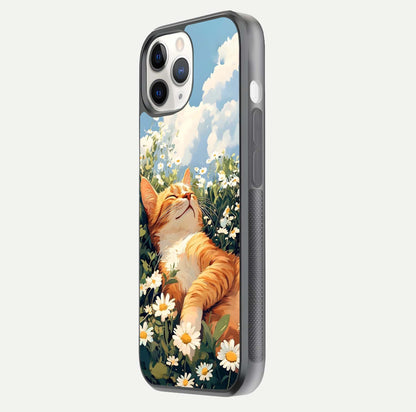 Cat & Flowers View Glass Case for iPhone 11 Pro side-angle image capturing cat print clarity and gloss tone