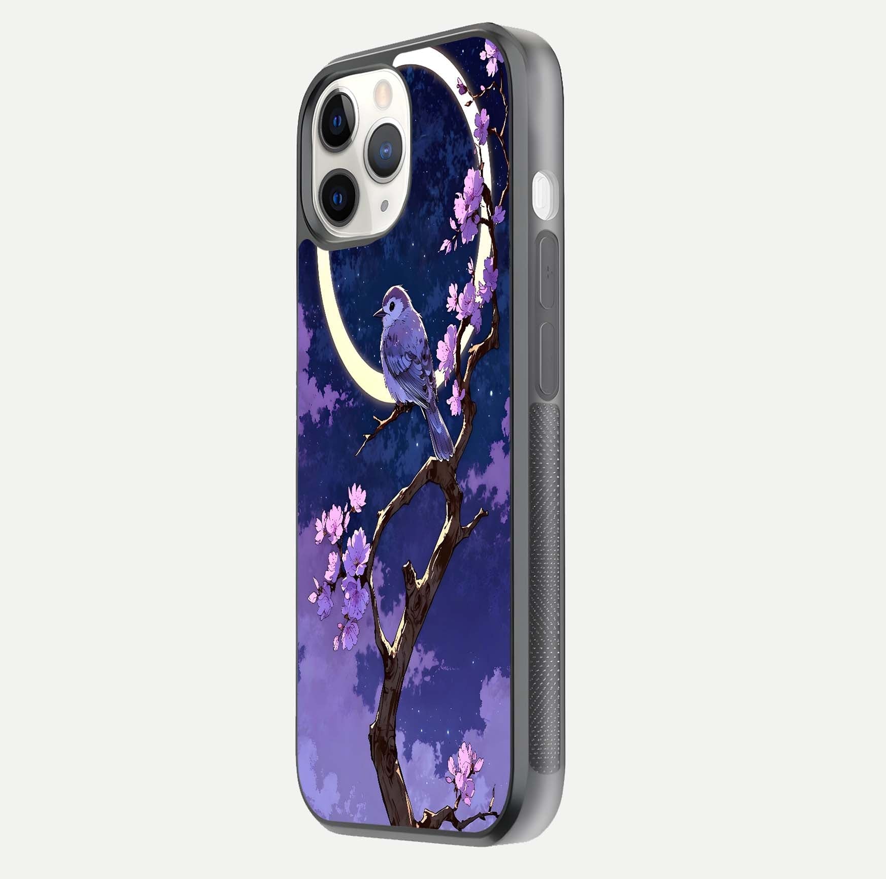 Celestial Bird Blossom Glass Case for iPhone 11 Pro side-angle image showing detailed wings and glossy polish