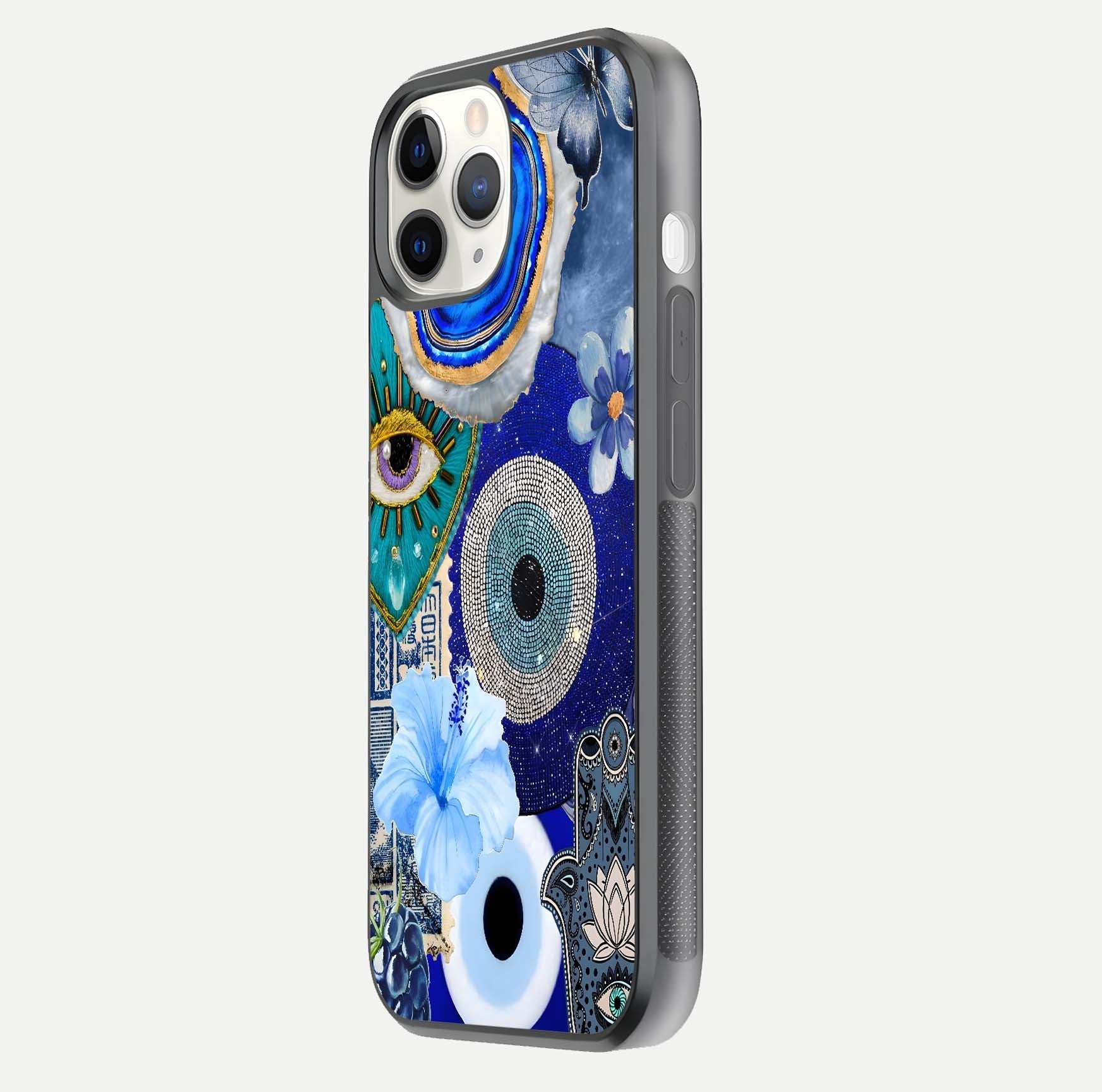 Celestial Blue Vision Glass Case for iPhone 11 Pro side-angle image capturing starlight shimmer and glass reflection