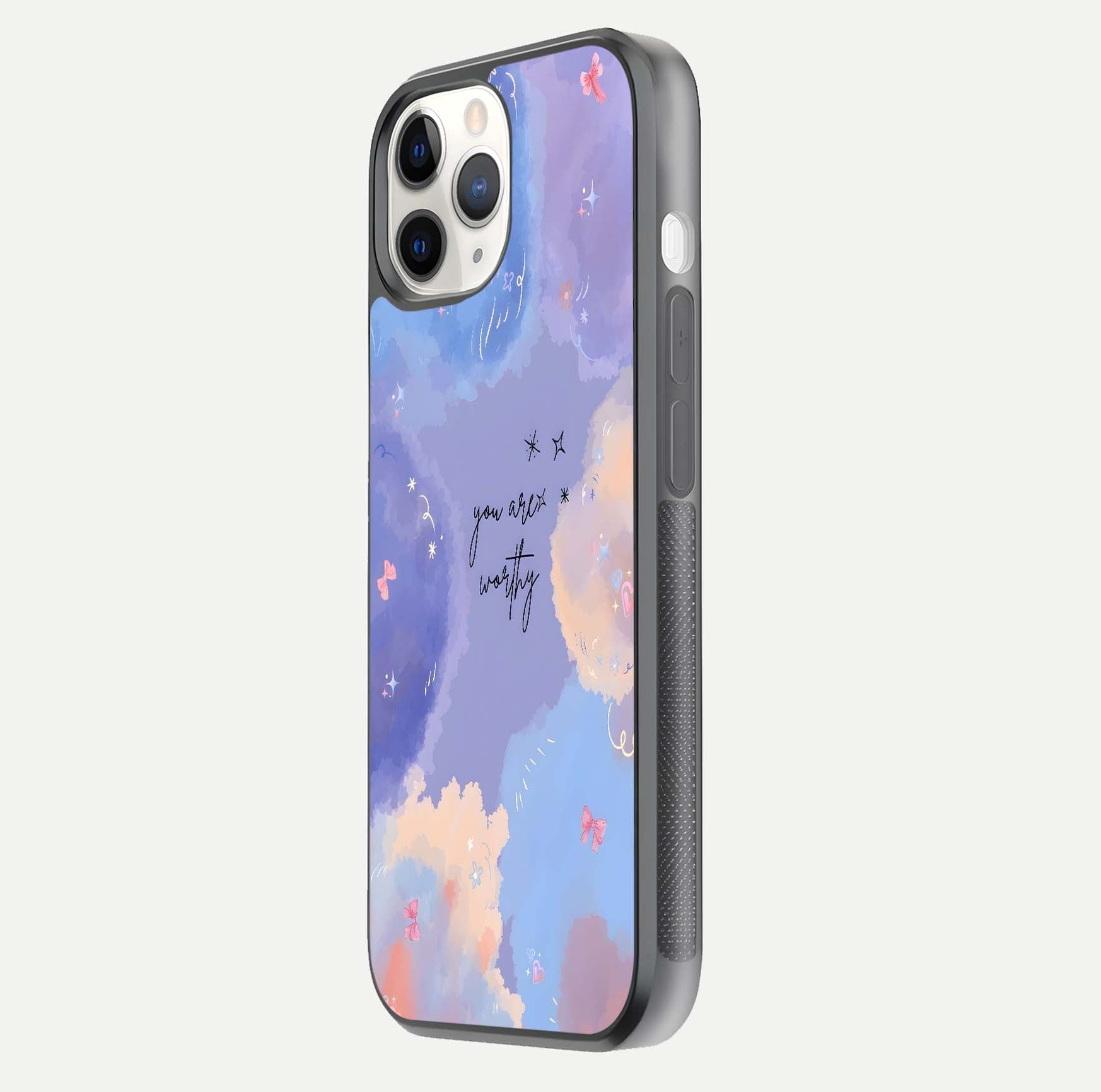 Celestial Cloud Magic Glass Case for iPhone 11 Pro side-angle photo showing edge reflection and dreamy texture