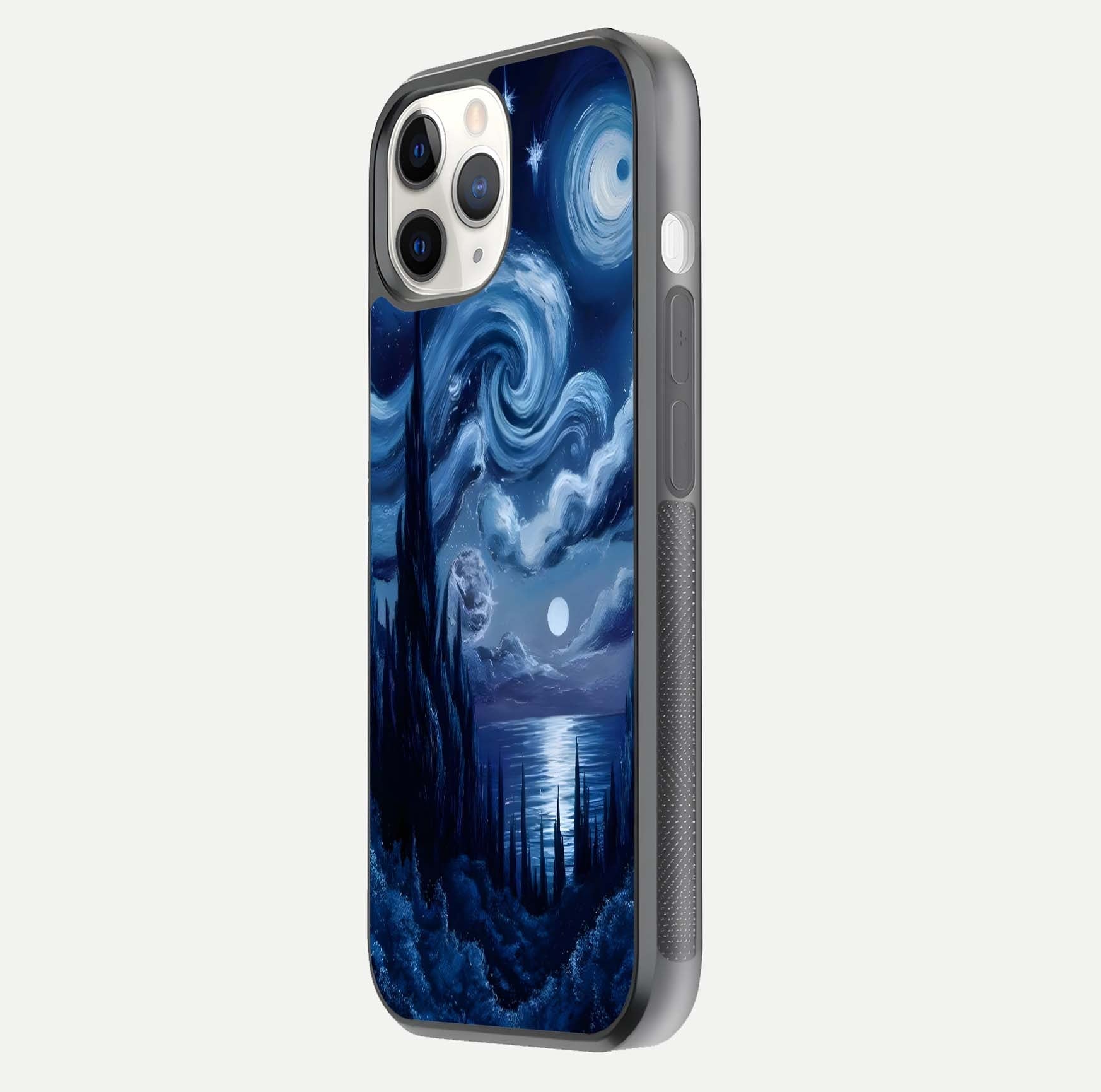 Celestial Dream Van Gogh Glass Case for iPhone 11 Pro side-angle photo showing depth swirl design and curved reflection