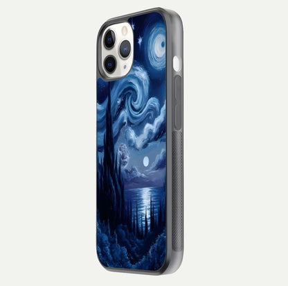 Celestial Dream Van Gogh Glass Case for iPhone 11 Pro side-angle photo showing depth swirl design and curved reflection