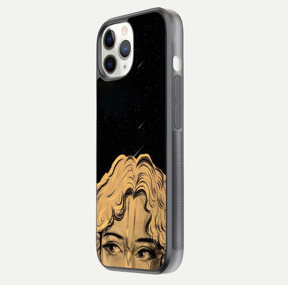 Celestial God’s Plan Glass Case for iPhone 11 Pro side-angle image showing gloss, camera frame, and cosmic tones