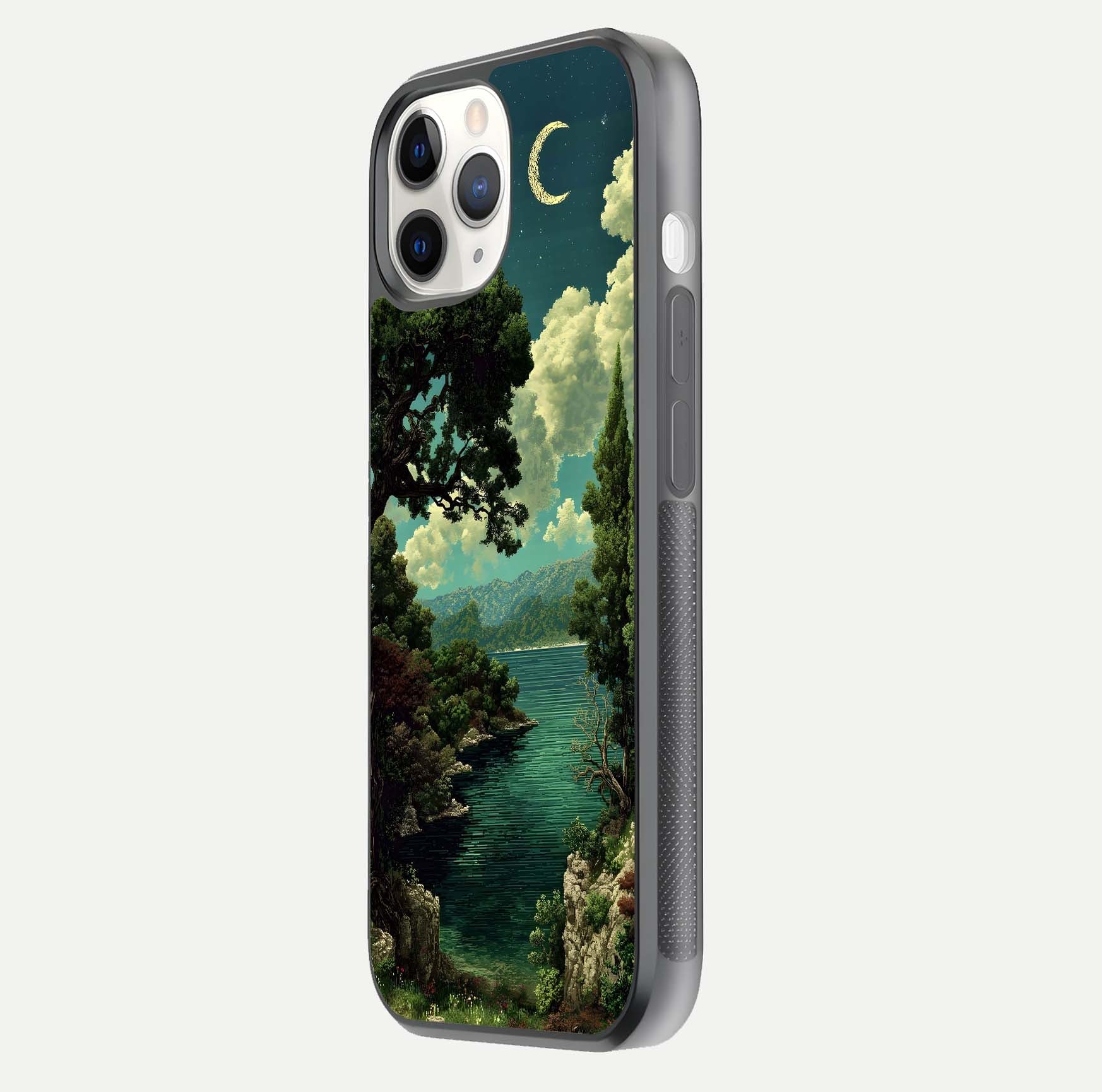 Celestial Lake Peace Glass Case for iPhone 11 Pro side-angle image displaying reflective glow and gentle edges
