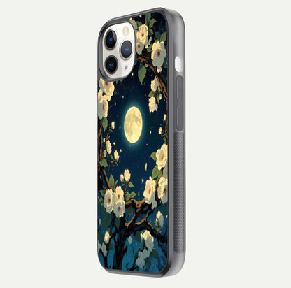 Celestial Moon & Flower Glass Case for iPhone 11 Pro side-angle image showing edge smoothness and glow reflection