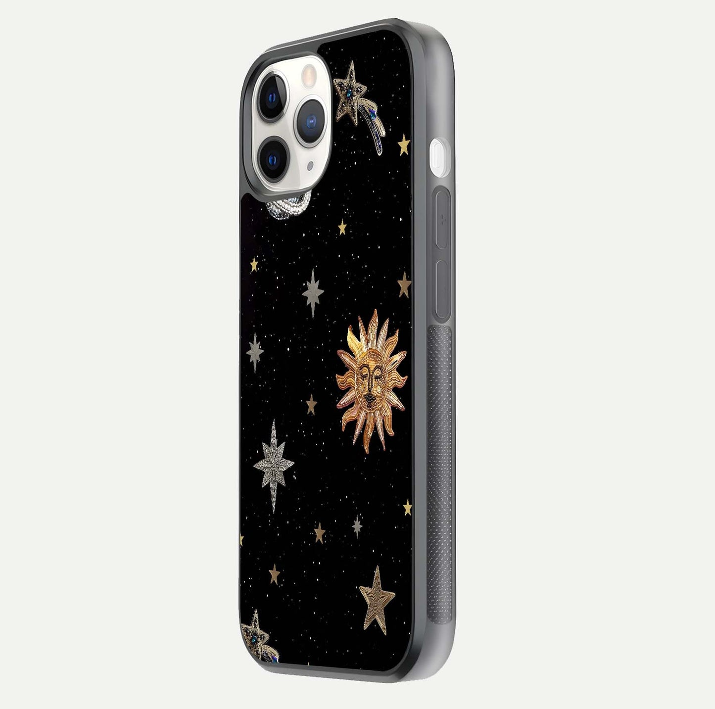 Celestial Moon With Stars Glass Case for iPhone 11 Pro side-angle view showing curved edges and shimmer glow