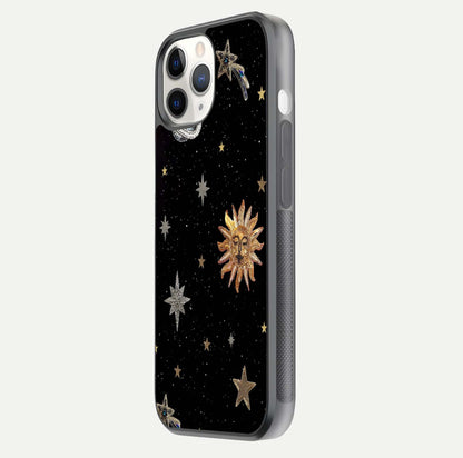 Celestial Moon With Stars Glass Case for iPhone 11 Pro side-angle view showing curved edges and shimmer glow