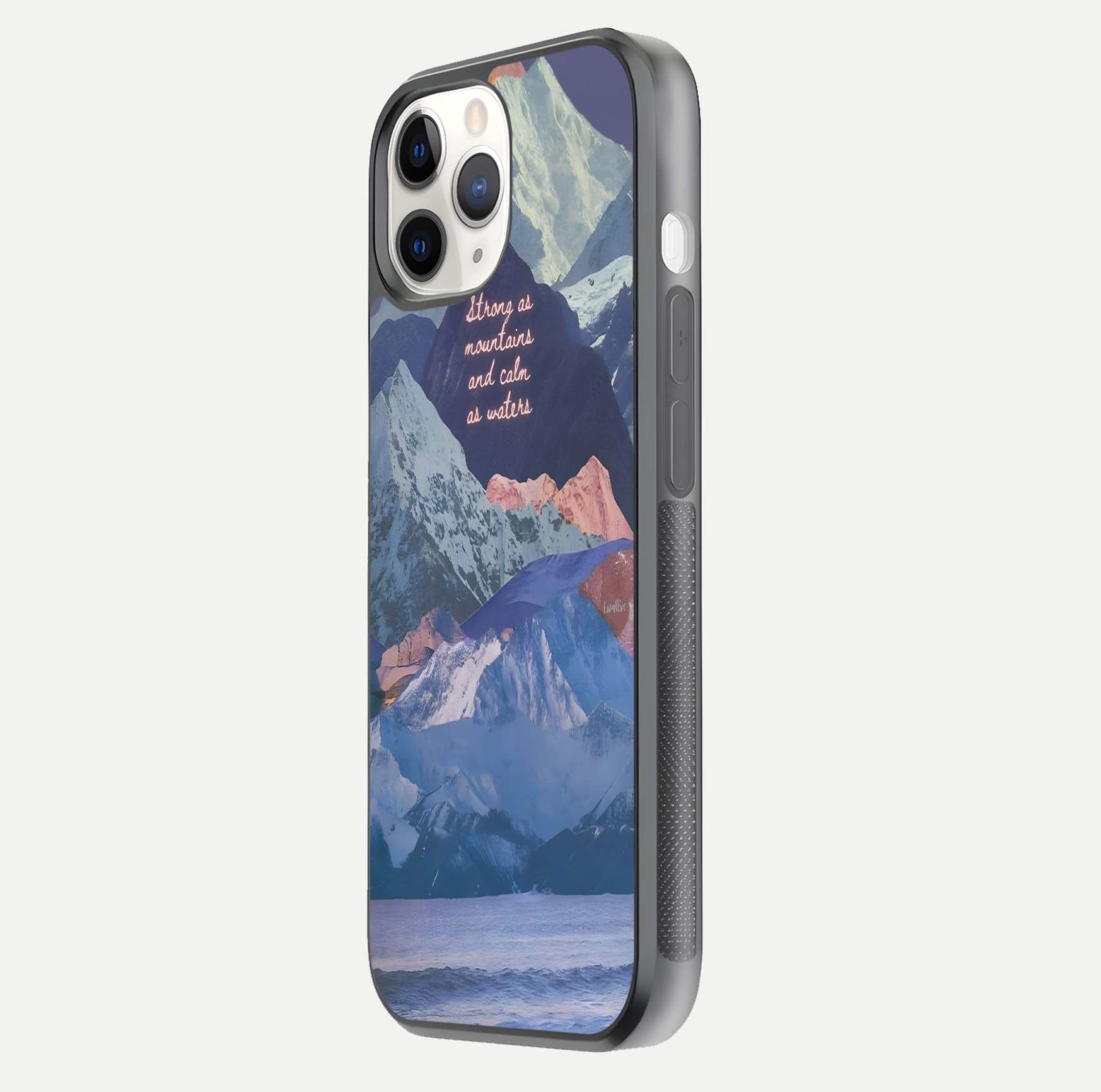 Celestial Mountain Calm Glass Case for iPhone 11 Pro side-angle image capturing mountain detail and shine gradient