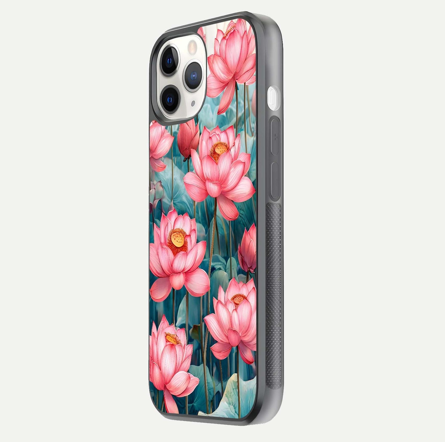 Celestial Pink Lotus Glass Case for iPhone 11 Pro side-angle image showing reflective shine and petal curve