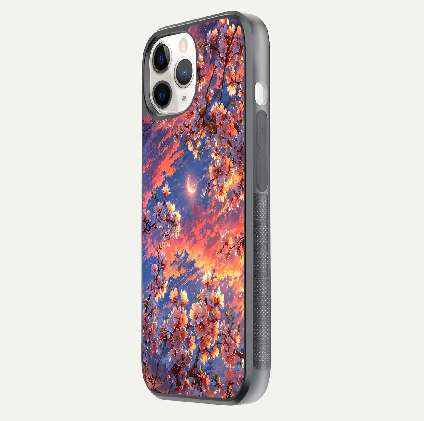Celestial Sakura Sunset Glass Case for iPhone 11 Pro side-angle image showing edge glow and petal texture