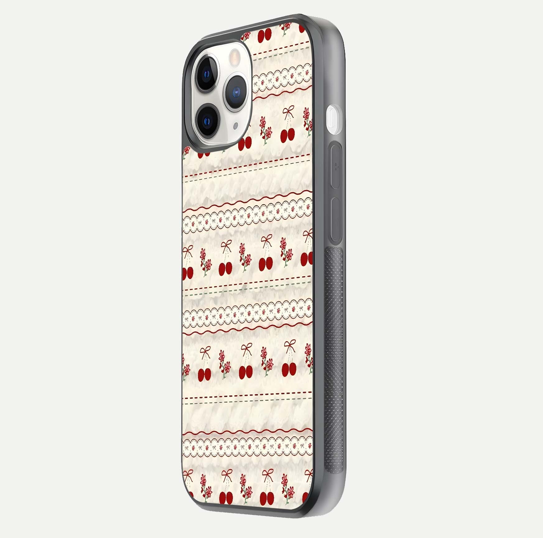 Cherry Bloom Charm Glass Case for iPhone 11 Pro side-angle photo showing flower detail and edge light