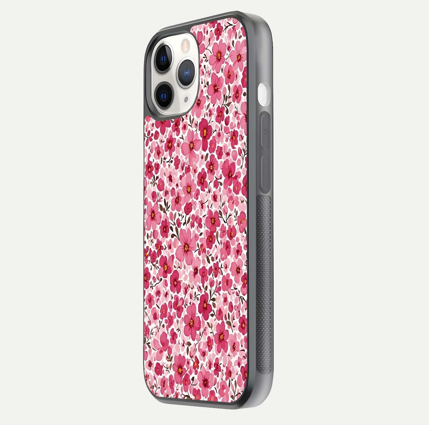 Cherry Blossom Charm Glass Case for iPhone 11 Pro side-angle image showing reflection gloss and soft texture