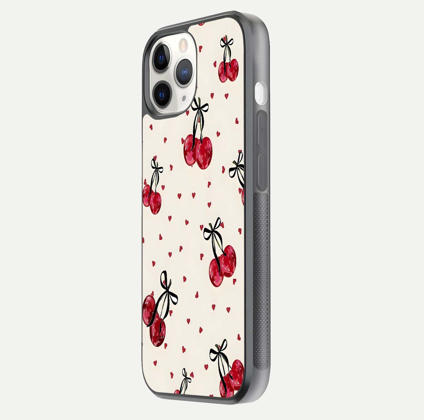 Cherry Heart Bow Glass Case for iPhone 11 Pro side-angle image capturing gloss texture and charm bow art
